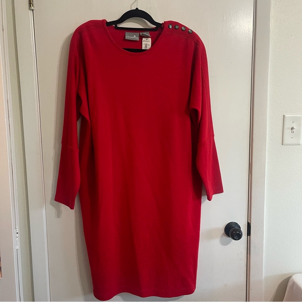 Liz Claiborne Vintage Red Long Sleeve Dress with Button Accents & Shoulder Pads